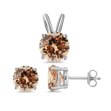 Jewelry Set Pendant Earring Round Simulated Champagne Cubic Zirconia 925 Sterling Silver